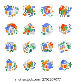 Conjunto de Ilustraciones isométricas de bienes raíces 