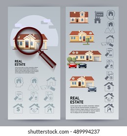 Set Real Estate leaflet cards. Flat style colorful vector illustration with houses, icons, magnifier on blue background.