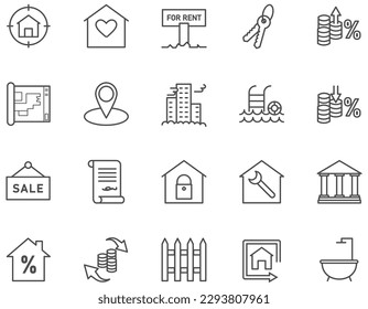 Set of real estate line icon. Luxury residentail symbol vector. House, building property.