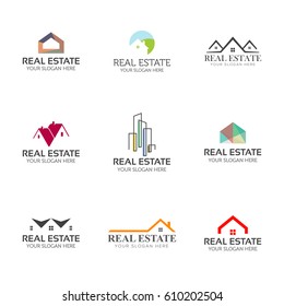 Set of real estate logo templates. House, buildings, skyline creative shapes for logo design.