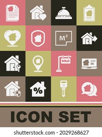 Set Inmueble Inmobiliario, Inmobiliaria Online, Venta, Campana de servicio de Hotel, Casa bajo protección, con forma de corazón, contrato e icono del plan. Vector