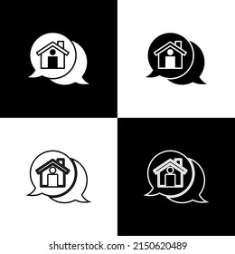 Set Real estate message house in speech bubble icon isolated on black and white background. Vector