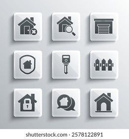 Set Real estate message house, House, Garden fence wooden, key, under protection, with wrong mark and Garage icon. Vector