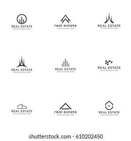 Set Of Real Estate Minimal Logo Templates. House, Buildings, Skyline Creative Abstract Shapes For Logo Design.