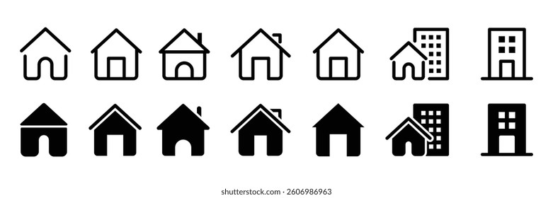 Set of real estate objects and houses black icon collection. House, Home symbol. Vector Illustration.