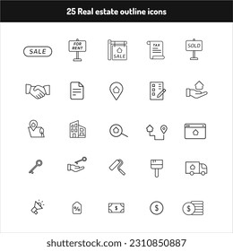 conjunto de iconos vectoriales de contorno inmobiliario. Adecuado para gráficos de información, sitios web y medios impresos. Vector, icono de contorno, imagen de clip
