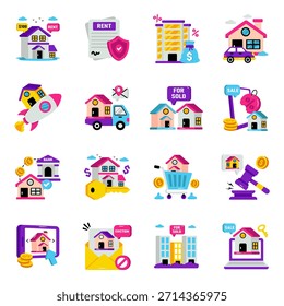 Conjunto de iconos planos de bienes raíces y propiedades