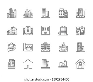 Set of real estate Related Vector Line Icons. Includes such Icons as house, office, cafe, shop, rent, delivery, sale, garage, contract, realtor, city, village, metropolis, apartment - vector