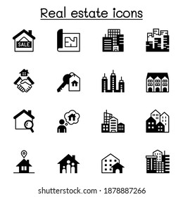 Conjunto de iconos vectoriales relacionados con bienes raíces. contiene íconos como, condominio, apartamento, plano, casa, arquitectura, oficina, edificio residencial, edificio comercial y más.