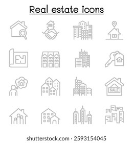 Set of Real estate related vector line icon. contains such icon as, condominium, apartment, blueprint, home, architecture, office, residential building, commercial building and more.