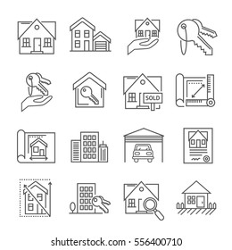 Set Of Real Estate Related Vector Line Icons. Includes Such Icons As A House, Apartment, Keys, Garage, Cottage, House Layout, Contract, Residential Building