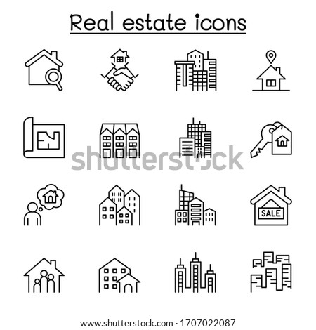 Set of Real estate related vector line icons. contains such Icons as, condominium, apartment, blueprint, home, architecture, office, residential building, commercial building and more.