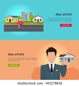 Set of real estate vector conceptual web banners in flat style. Selling and buying a new place for living.  Illustration for real estate company web page design, advertising, housing concepts.