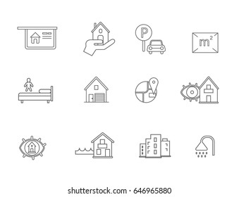 Set of real estate vector line icons. Simple style icons such as parking place, sleeping area, living space, shower and other
 