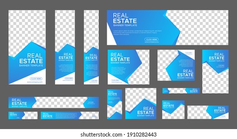 Juego de plantillas de diseño de banner web inmobiliaria con sitio para fotos . Banderas verticales, horizontales y cuadradas. Diseño de vectores EPS 10