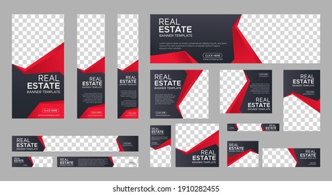 Set of Real Estate web banner design template with place for photos . Vertical, Horizontal and Square banners. Vector design EPS 10