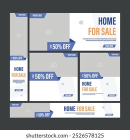 set of real estate web banner template. Vertical, Horizontal and Square blue banners with place for photos vector