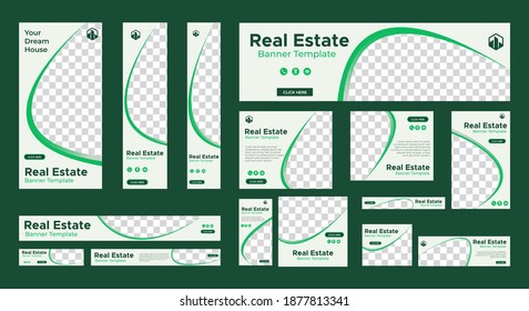 Conjunto de banners web inmobiliarios con tamaño estándar y lugar para fotos. Plantilla vertical, horizontal y cuadrada. EPS vectorial 10