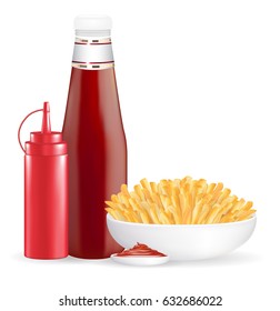 set of real french fries and sauce bottle