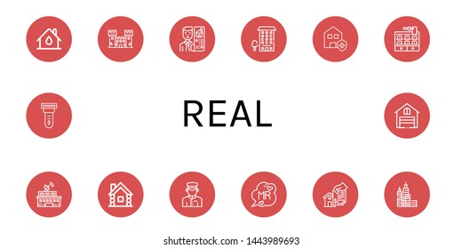 Set Of Real Icons Such As House, Fortress, Real Estate, Apartment, Clean House, Hotel, Building, Wooden House, Doorman, Mr, Home, Skyscraper, Scraper, Garage , Real