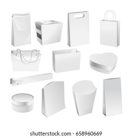 Set of real packages of products: a paper bag from fast food, a cardboard box, various forms, a bag, from different materials. Vector illustration isolated on white background.