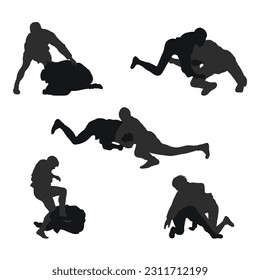 Set of real silhouettes of sambo athletes in sambo wrestling, combat sambo, duel, fight, jiu jitsu. Martial art, sportsmanship