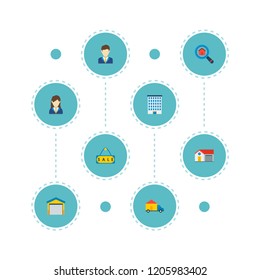 Set of realestate icons flat style symbols with broker, garage, house and other icons for your web mobile app logo design.