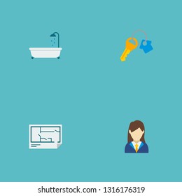 Set of realestate icons flat style symbols with key, broker, floor plan and other icons for your web mobile app logo design.