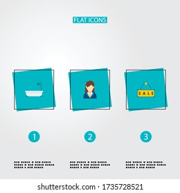 Set of realestate icons flat style symbols with broker, bathtub, sale sign and other icons for your web mobile app logo design.