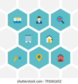Set of realestate icons flat style symbols with pool, location, realtor and other icons for your web mobile app logo design.