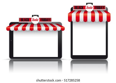 Set of realistic 2 tablets with awnings for Black Friday Sale. Eps 10 vector file. 