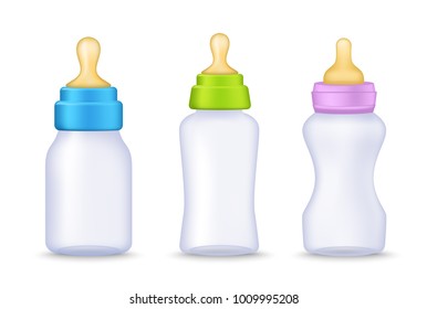 Set of realistic 3d baby feed bottle with nipple pacifier. Vector illustration