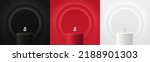 Set of realistic 3d background with cylinder stand podium. Black, red, white glowing light circles layers scene. Abstract minimal scene mockup products display, Stage showcase. Vector geometric forms.