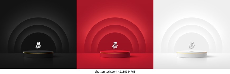 Set of realistic 3d background with cylinder podium. Black, red, white glowing light semi circles layers scene. Abstract minimal scene mockup products display, Stage showcase. Vector geometric forms. - Shutterstock ID 2186344765