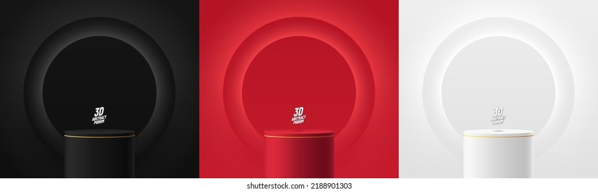 Set of realistic 3d background with cylinder stand podium. Black, red, white glowing light circles layers scene. Abstract minimal scene mockup products display, Stage showcase. Vector geometric forms.