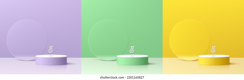 Set of realistic 3d background with cylinder podium. Yellow, green, purple lavender round circles wall scene. Abstract minimal scene mockup products display, Stage showcase. Vector geometric forms.