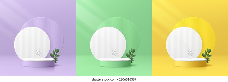 Set of realistic 3d background with cylinder podium. Yellow, green, purple, white circles scene and green leaf. Abstract minimal scene mockup products display, Stage showcase. Vector geometric forms.