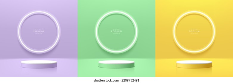Set of realistic 3d background with cylinder podium. Yellow, green, purple, white circle glowing round neon scene. Abstract minimal scene mockup products display, Stage showcase. Vector geometric form