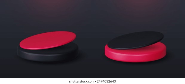 Set of realistic 3d background with cylinder podium. Black, red glowing light semi circles layers scene.