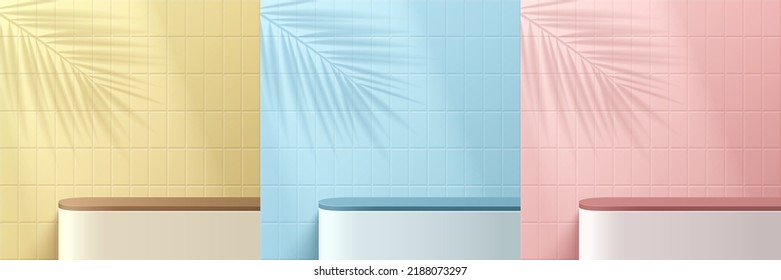 Set of realistic 3d background white stand podium on pink, yellow and blue square tile wall with leaf shadow. Vector geometric forms. Abstract minimal scene products stage showcase, Promotion display.