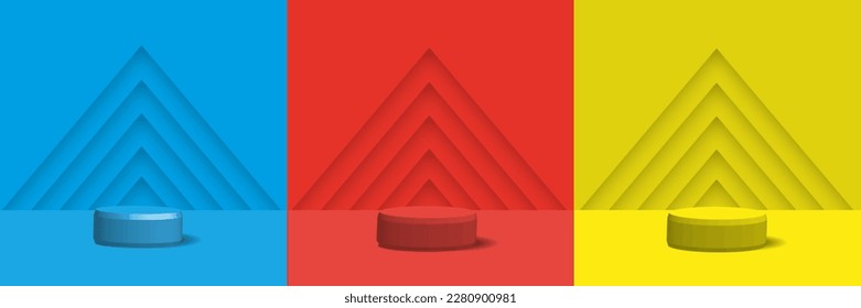Set of realistic 3d backgrounds with podiums. Triangle view of blue, red, yellow lavender layers. Abstract minimal scene product display mockup, Vector geometric shapes.