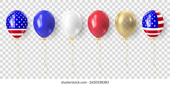 Set of realistic 3D balloons in USA colors and flags. Bouquet and bunche of patriotic balloon. Celebration of july 4th american independence day. Vector illustration for party card, flyers and posters