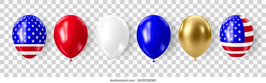 Set of realistic 3D balloons in USA colors and flags. Bouquet and bunche of patriotic balloon. Celebration of july 4th american independence day. Vector illustration for party card, flyers and posters