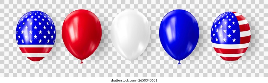 Set of realistic 3D balloons in USA colors and flags. Bouquet and bunche of patriotic balloon. Celebration of july 4th american independence day. Vector illustration for party card, flyers and posters