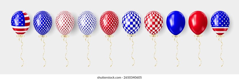 Set of realistic 3D balloons in USA colors and flags. Bouquet and bunche of patriotic balloon. Celebration of july 4th american independence day. Vector illustration for party card, flyers and posters