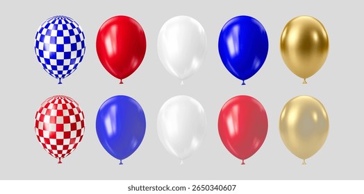 Set of realistic 3D balloons in USA colors and flags. Bouquet and bunche of patriotic balloon. Celebration of july 4th american independence day. Vector illustration for party card, flyers and posters