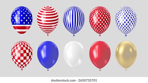 Set of realistic 3D balloons in USA colors and flags. Bouquet and bunche of patriotic balloon. Celebration of july 4th american independence day. Vector illustration for party card, flyers and posters