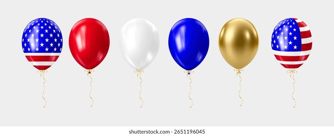 Set of realistic 3D balloons in USA colors and flags. Bouquet and bunche of patriotic balloon. Celebration of july 4th american independence day. Vector illustration for party card, flyers and posters