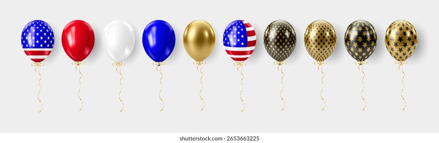 Set of realistic 3D balloons in USA colors and flags. Bouquet and bunche of patriotic balloon. Celebration of july 4th american independence day. Vector illustration for party card, flyers and posters
