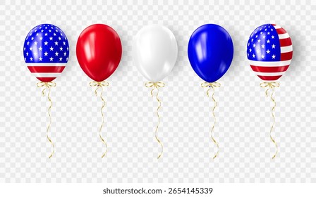 Set of realistic 3D balloons in USA colors and flags. Bouquet and bunche of patriotic balloon. Celebration of july 4th american independence day. Vector illustration for party card, flyers and posters